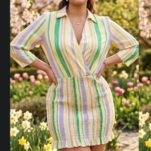 Zara The Valery Dress Pastel Striped Collared Smocked Skirt Size Large NwT